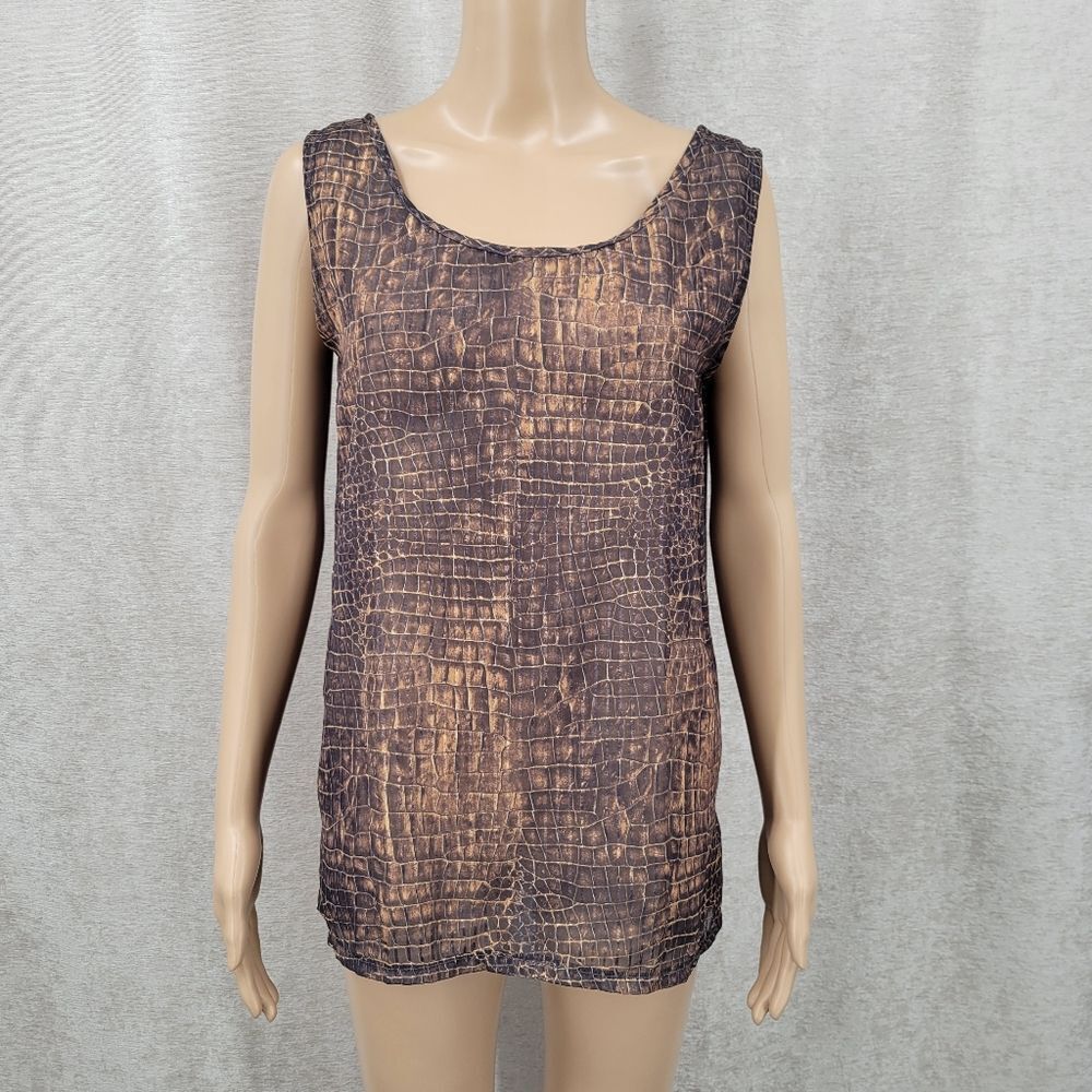 Vintage Brown Crocodile Print Semi Sheer  Sleeveless Top Croc